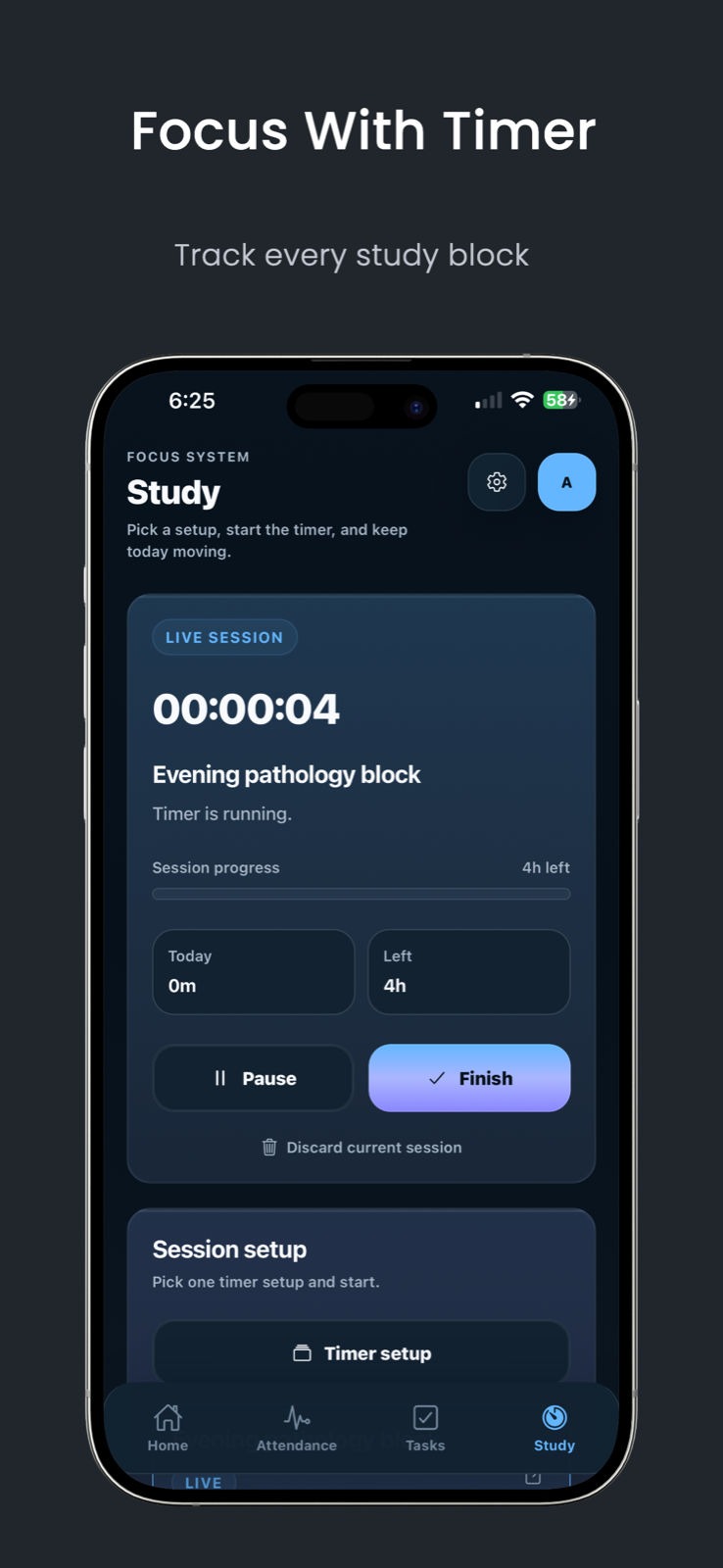 MetaSphere study timer screen.