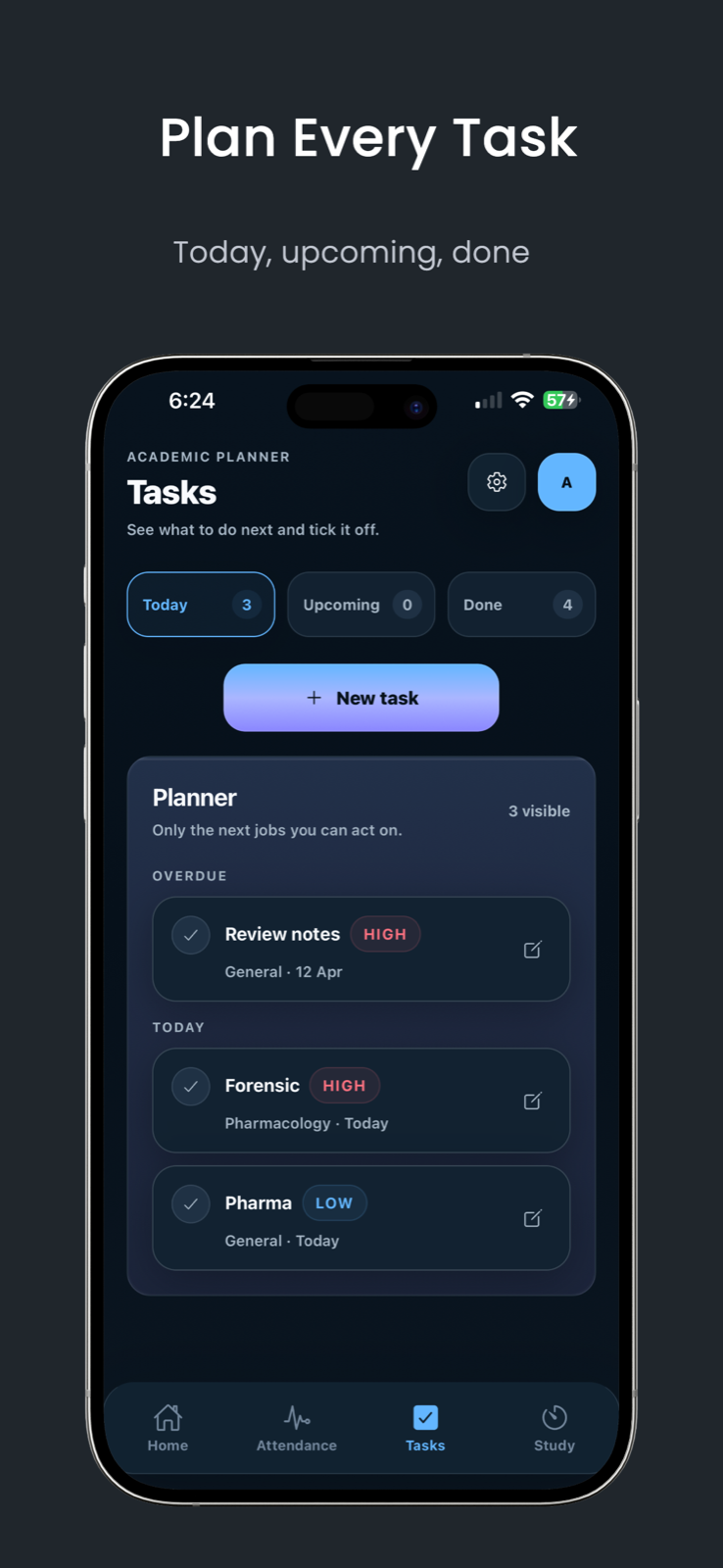 MetaSphere task planner with today, upcoming, and done sections.